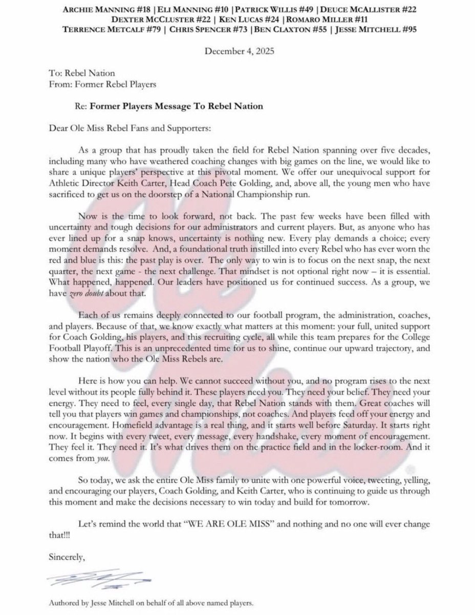 BradLoganTOC's tweet photo. Former Ole Miss players voice their support for coach Pete Golding, @KeithCarterOM, the current team with a letter written by Jesse Mitchell, on behalf of a number of player, as posted by @RomaroMiller.

@JPatterson__8 and Ole Miss continue to do great work with former players. https://t.co/esPGMkLaV2