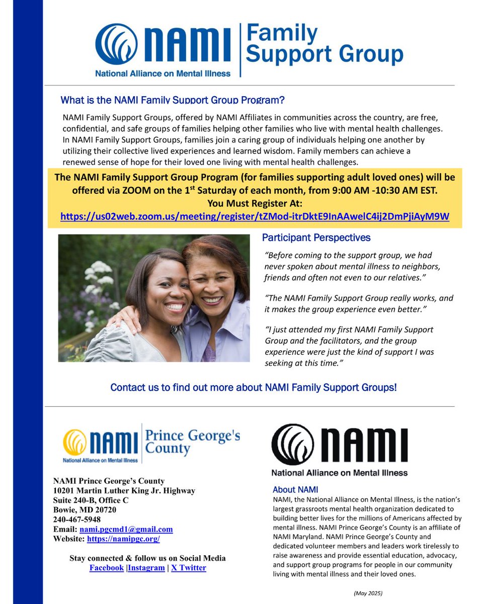 Supporting an adult loved one with a mental health condition? You don’t have to do it alone. 💙
Join NAMI Family Support Group on Zoom – 1st Saturday, 9–10:30 AM EST.
Register via namipgc.org
#NAMIPGC #FamilySupport #MentalHealth