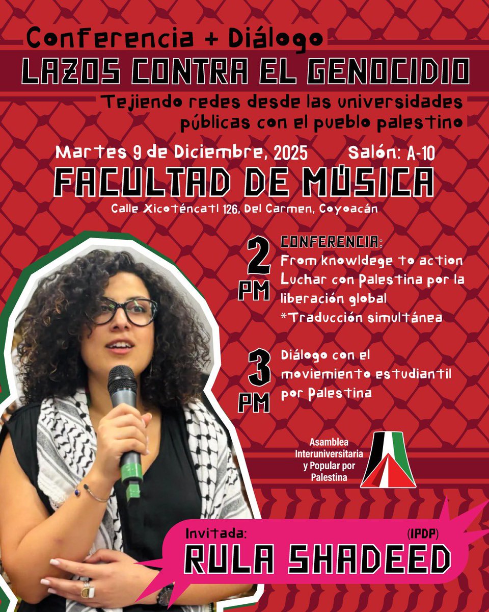 Acompáñanos al encuentro Lazos contra el genocidio.
Tendremos una conferencia sobre cómo transformar el conocimiento en acción y un diálogo abierto con estudiantes comprometidos con la causa, con la participación especial de Rula Shadeed (IPDP).