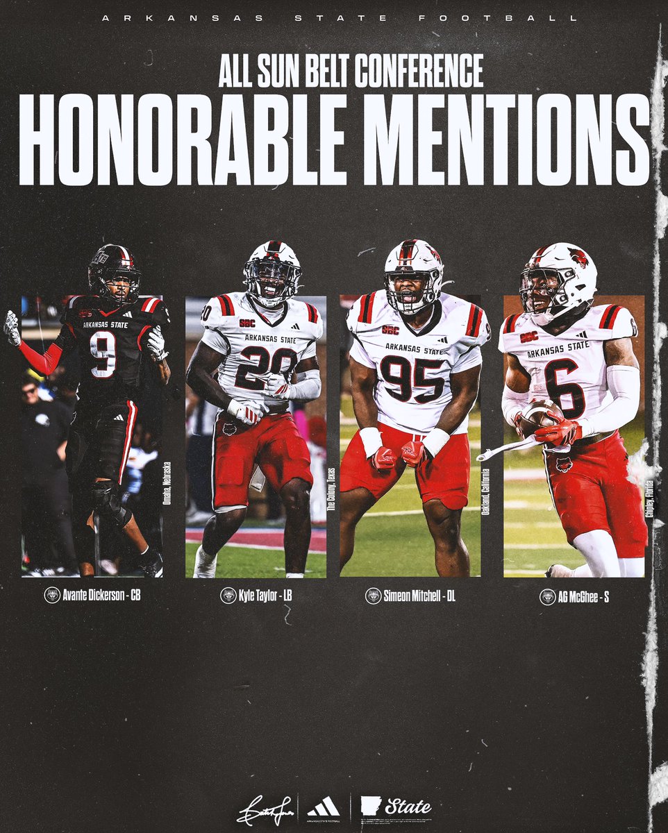 AStateFB's tweet image. 𝔸𝕝𝕝 𝕊𝕦𝕟 𝔹𝕖𝕝𝕥 ℂ𝕠𝕟𝕗𝕖𝕣𝕖𝕟𝕔𝕖 ℍ𝕠𝕟𝕠𝕣𝕒𝕓𝕝𝕖 𝕄𝕖𝕟𝕥𝕚𝕠𝕟𝕤

•Avante Dickerson - CB
•Kyle Taylor - LB
•Simeon Mitchell - DL
•AG McGhee - S 

#WolvesUp🐺 I #PoundTheRock🪨🔨
