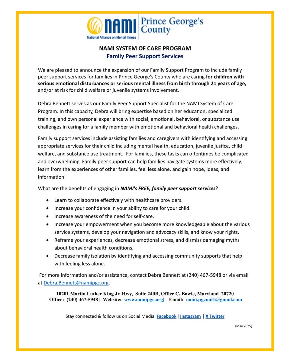 Raising a child with serious emotional or mental health challenges in Prince George’s County? You don’t have to do it alone. 💚
NAMI PGC offers FREE Family Peer Support Services for caregivers of youth birth–21.
#NAMIPGC #FamilySupport #MentalHealth