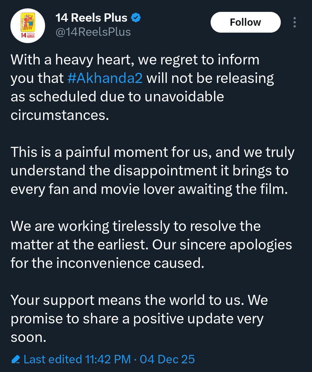 Popcorn_Newss's tweet photo. For once, every movie lover’s emotion is same…
Every hero fan felt the pain today. 💔💔
#Akhanda2 #postponed https://t.co/EIgejlDOOM
