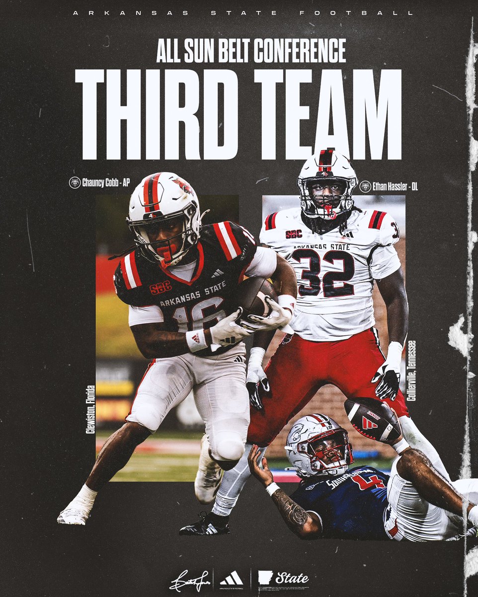 AStateFB's tweet image. 𝔸𝕝𝕝 𝕊𝕦𝕟 𝔹𝕖𝕝𝕥 ℂ𝕠𝕟𝕗𝕖𝕣𝕖𝕟𝕔𝕖 𝕋𝕙𝕚𝕣𝕕 𝕋𝕖𝕒𝕞

•Chauncy Cobb - AP
•Ethan Hassler - DL

#WolvesUp🐺 I #PoundTheRock🪨🔨