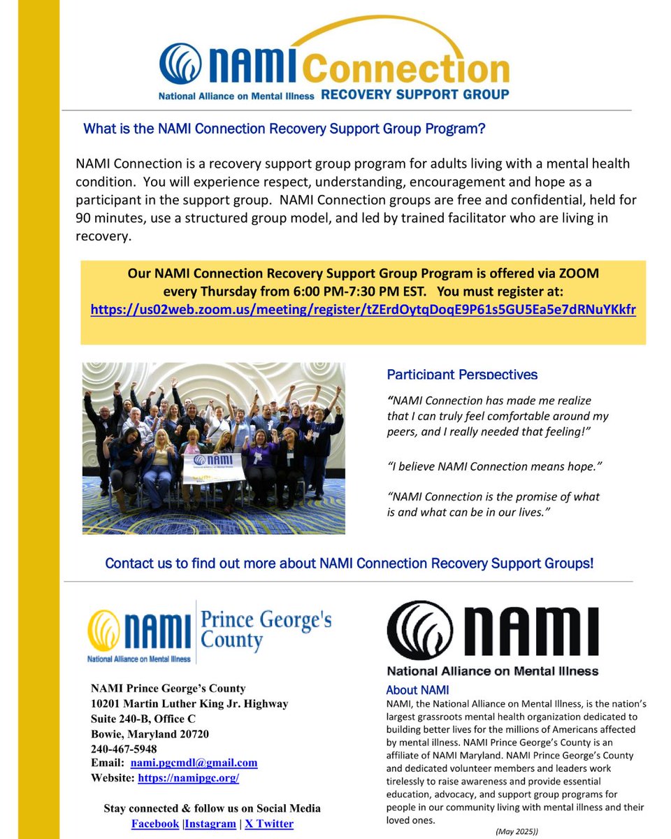 Looking for a safe space to talk about mental health? 🌱
NAMI Connection is a free, peer-led support group for adults - confidential &amp; judgment-free.
Thursdays, 6–7:30 PM ET on Zoom.
Save your spot via namipgc.org
#PeerSupport #NAMIPGC