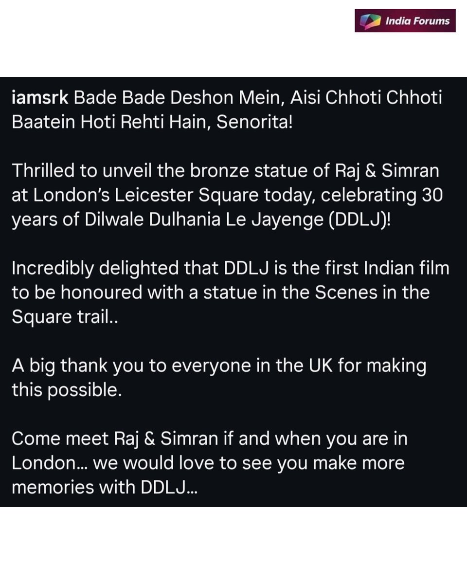 indiaforums's tweet photo. Shah Rukh Khan & Kajol mark the 30 years of DDLJ at Leicester Square in London 🤩
.
.
#30YearsOfDDLJ #SRKAndKajol #RajAndSimran #IF #IndiaForums https://t.co/VrOpyJrfM7