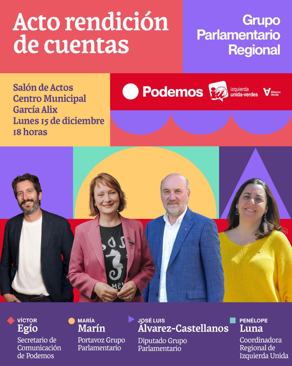 🔴🟣 Acto de rendición de cuentas del GP <a href="/IUVRM/">IUVRM🔻🇵🇸</a> - <a href="/podemosmurcia/">Podemos Región de Murcia</a>

📅 Lunes 15 dic · 18h
📍 Centro Municipal García Alix (Murcia)

🔻 <a href="/JLalvarezcast/">José Luis Álvarez-Castellanos Rubio</a> – Portavoz adjunto
🔻 <a href="/penelope_IUVRM/">Penélope Luna</a> – Coordinadora Regional IU-Verdes
🔸 <a href="/MariaMarinMart/">María Marín</a> y <a href="/EgioVictor/">Víctor Egío</a> - Podemos
