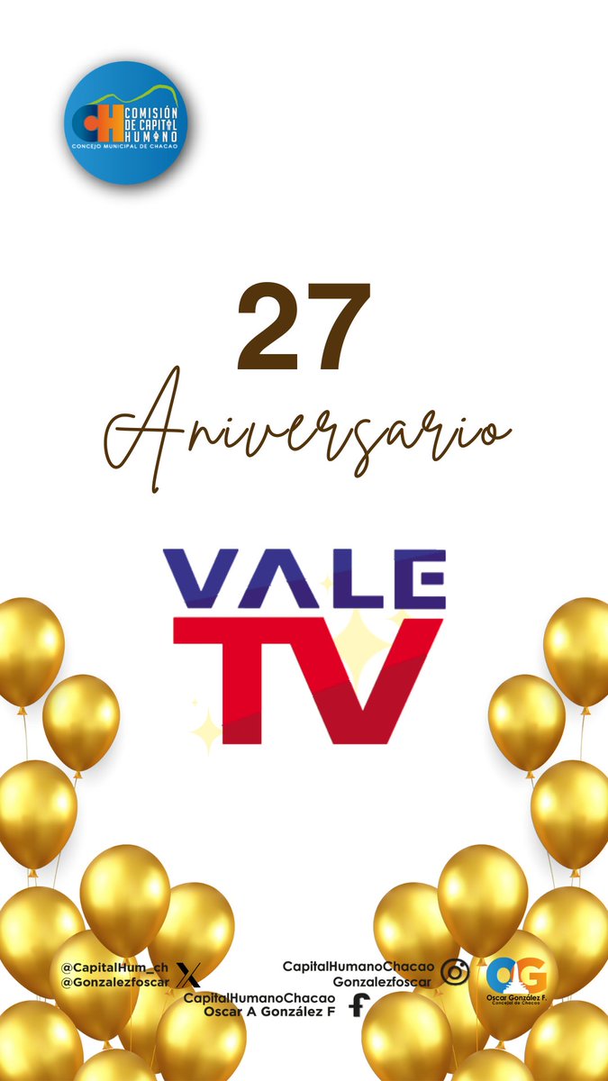 🎂 ¡Felices 27 Años, Vale TV! 🥳

Desde la Comisión de Capital Humano del <a href="/concejochacao/">Concejo Chacao</a>, celebramos y reconocemos la importante labor de <a href="/ValeTVCanal5/">VALE TV, Red Canal 5</a> en su 27 Aniversario.

¡Que sigan siendo fuente de conocimiento y cultura!

#ValeTV27Años #Aniversario #television #Chacao