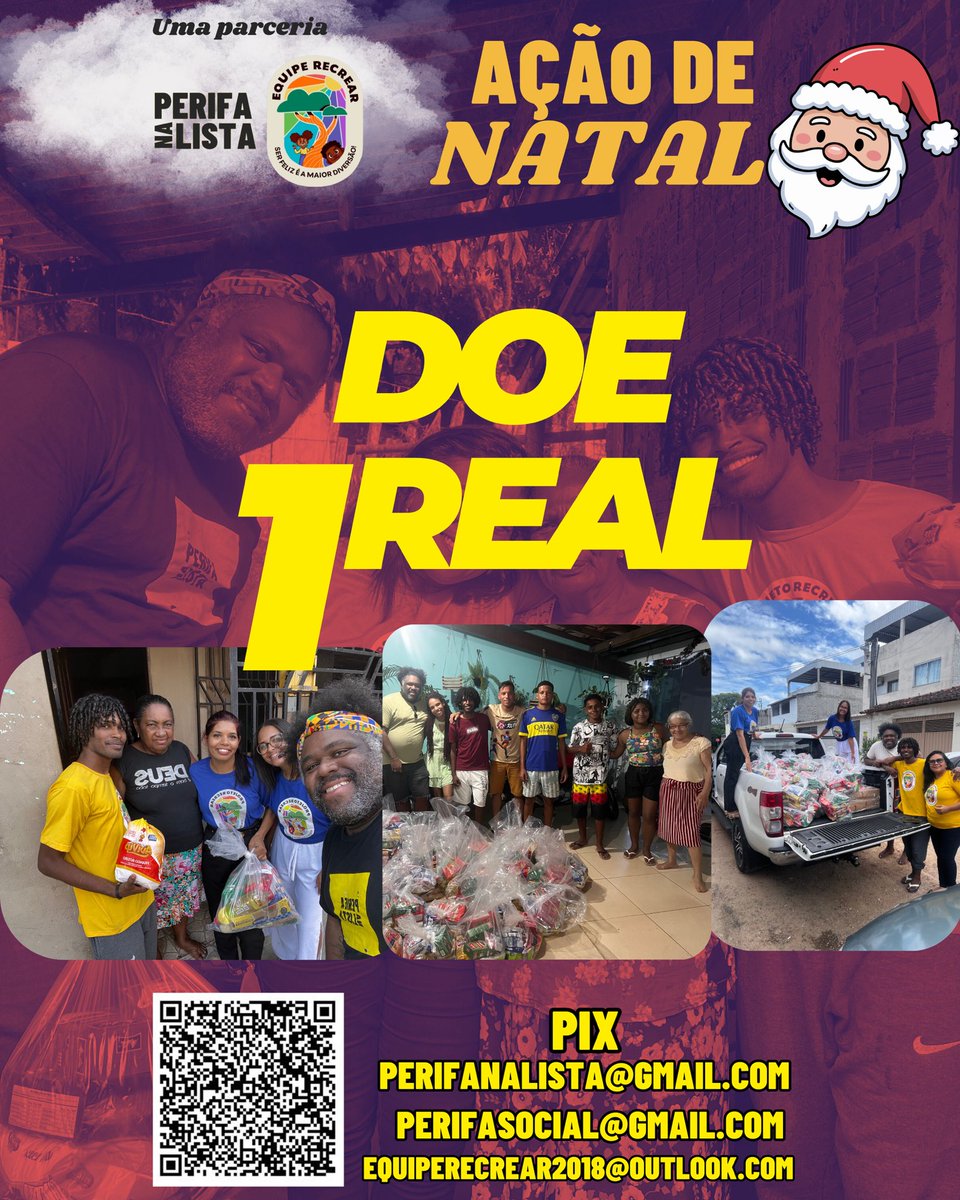 O Perifa Na Lista e o Projeto Recrear contam com sua ajuda para realizar a Ação de Natal 2025. Será a quarta edição da ação realizada em Itabuna, na Bahia. Hoje, sexta e sábado, os projetos estão realizando o PIX DAY e você pode contribuir colaborando com 1 REAL. Faça parte dessa