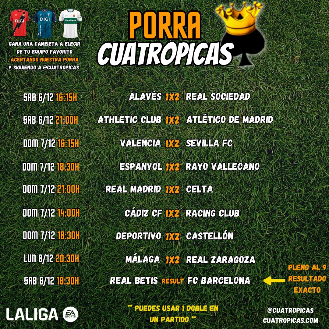 ♠️♠️♠️♠️

Vamos con la #Porra4Picas 🎯 de esta semana.

Acierta los 9 resultados y gana una camiseta 👕🎁 a tu elección. 

Recuerda: 8 resultados a 1X2 🎲 (puedes usar un Doble) y el "Pleno al 9" con el resultado exacto 🧐