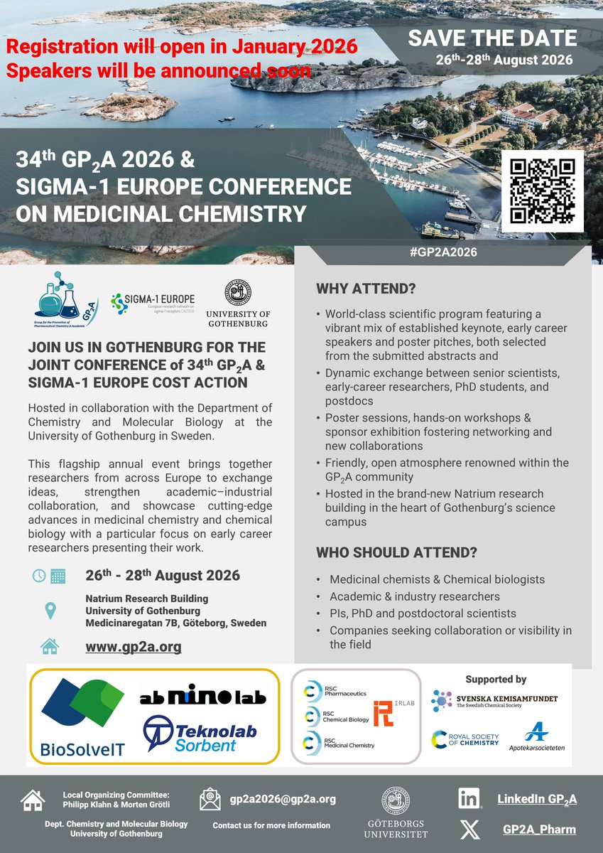GP2A_Pharm's tweet photo. Save the Date for the 34th GP2A 2026 & @Sigma1Europe Conference on Medicinal Chemistry in Gothenburg, Sweden at 26th- 28th of August 2026. Registration open in January 2026. Speakers will be announced soon. #MedChem #ChemBio #youngresearcher @goteborgsuni @GP2A_Pharm https://t.co/ghQxtybfsI