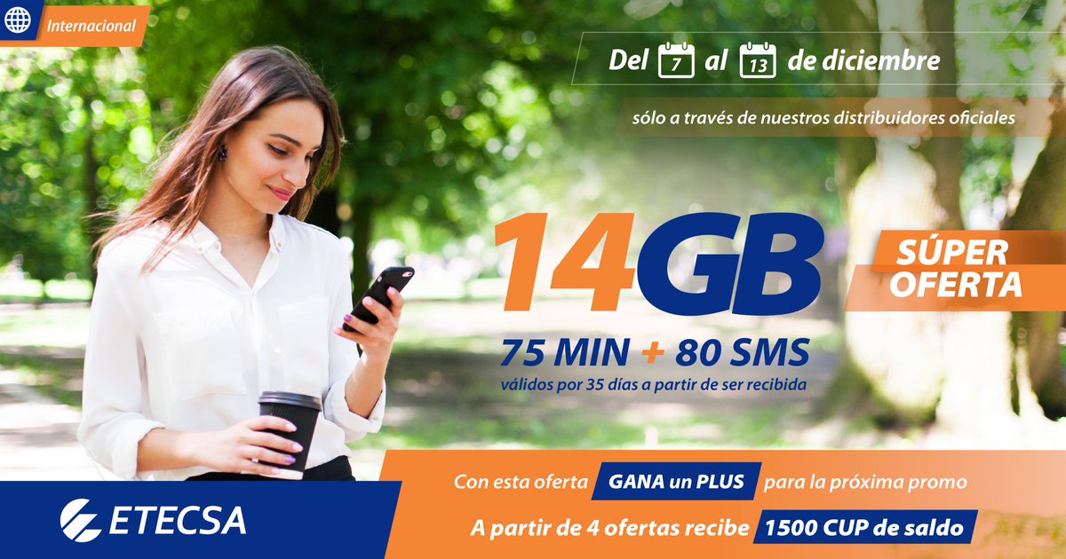 Del 7 al 13, si recibes una oferta por un costo de solo 125 CUP desde nuestros distribuidores internacionales, obtendrás bonificaciones: 14GB +75MIN+ 80 SMS. Si recibes 4 ofertas ganas un PLUS 1500 CUP en tu saldo principal.  #OfertaInternacional