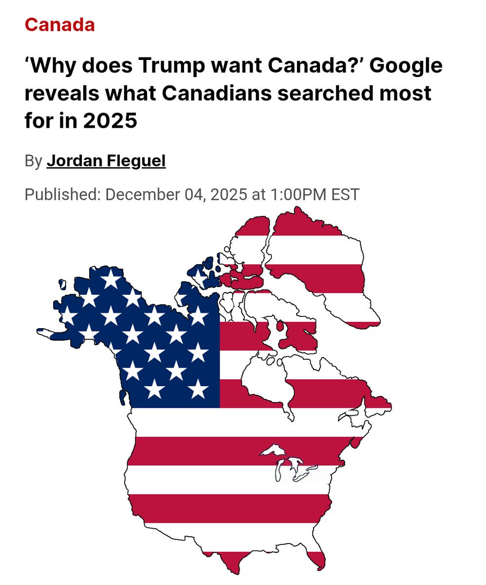 Why does Trump want Canada? Why does Trump want to make Canada the 51st state? What does elbows up mean?

These were among the most common questions Canadians asked Google in 2025, according to Google Canada’s annual “Year in Search” report. blog.google/intl/en-ca/pro…