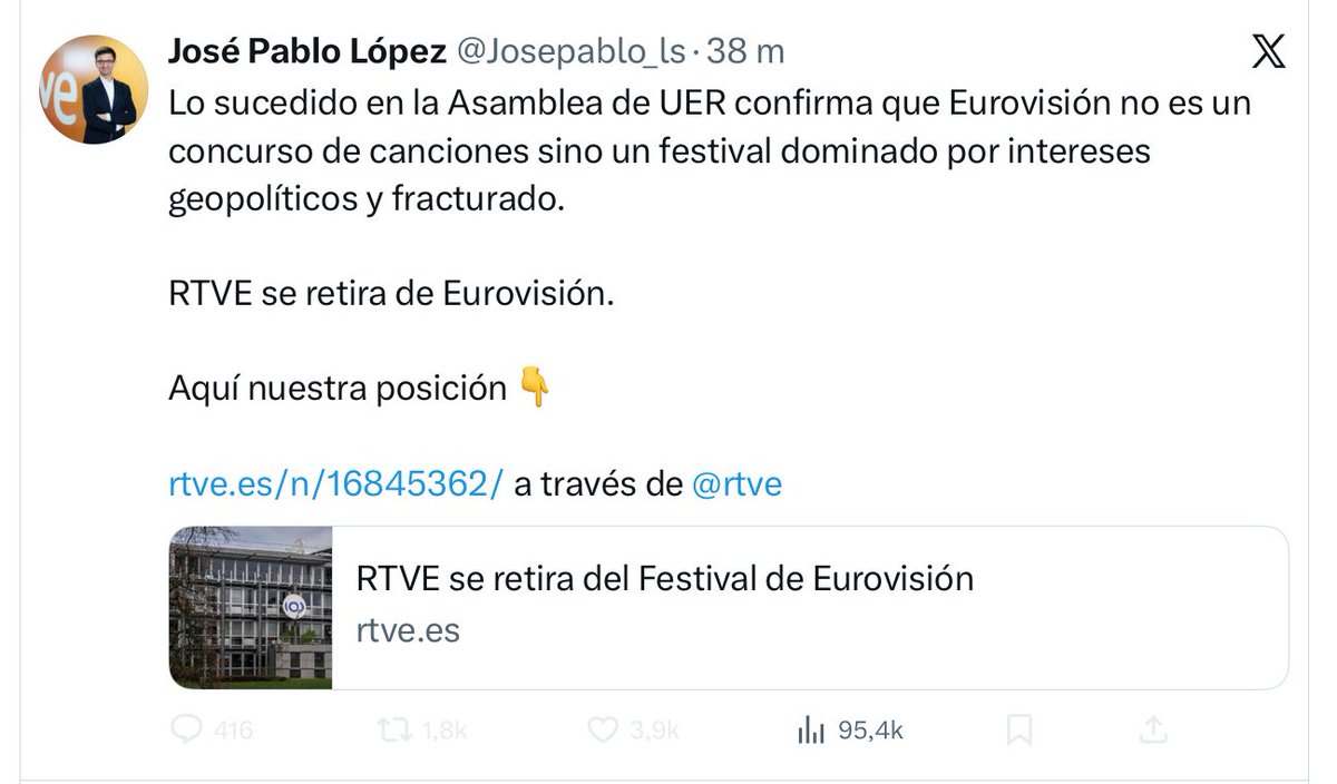 És a dir, el director gral. de RTVE diu que es retira d’Eurovisió perquè no és un concurs de cançons sinó d’interessos geopolítics quan és precisament RTVE la que fa política del concurs volent expulsar Israel!! 🤷🏻‍♀️

No es pot ser més contradictori i estúpid. 

Doncs apa, fora 🇪🇸