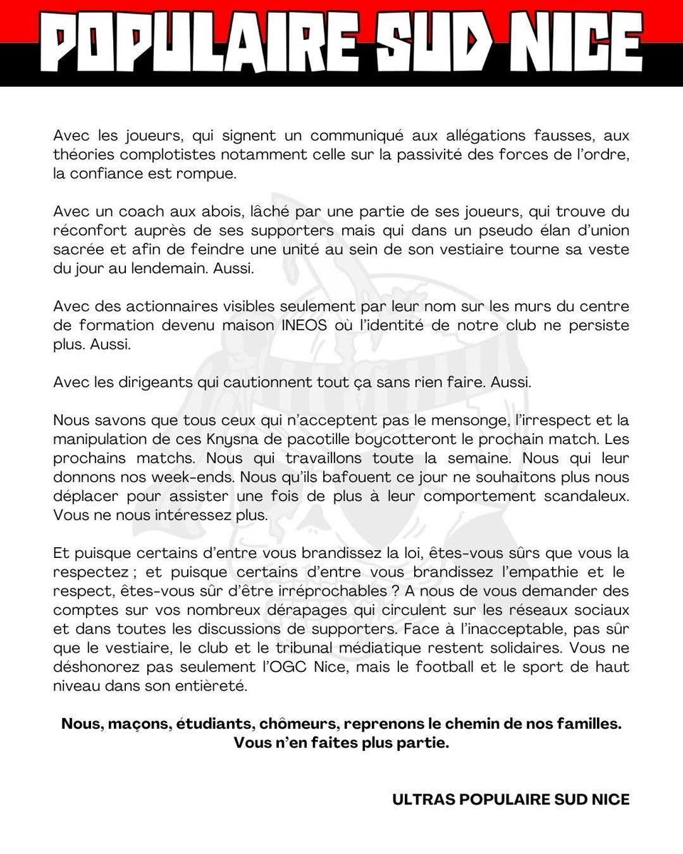 🚨🚨🚨 Communiqué de la Populaire Sud Nice #OGCNice
