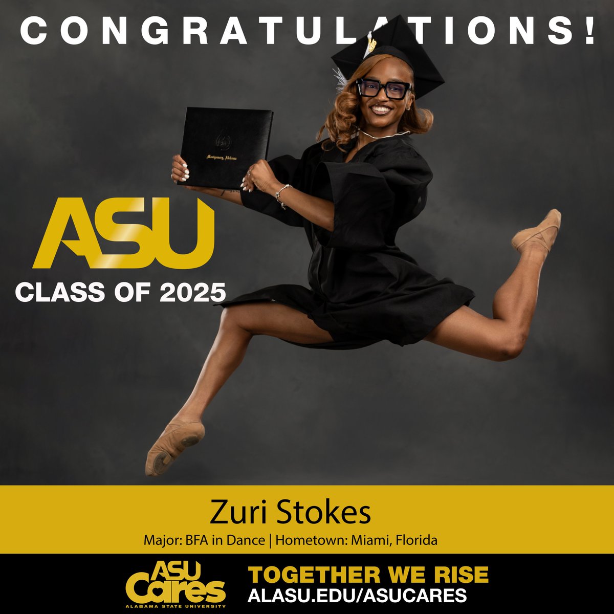 BamaState1867's tweet image. 𝐙𝐮𝐫𝐢 𝐒𝐭𝐨𝐤𝐞𝐬 will shine bright on Dec. 5 as she graduates with a BFA in Dance.

Zuri has distinguished herself in ASU’s renowned dance program, perfecting her technique, finding her creative voice and embracing every opportunity to perform and grow as an artist. #MyASU