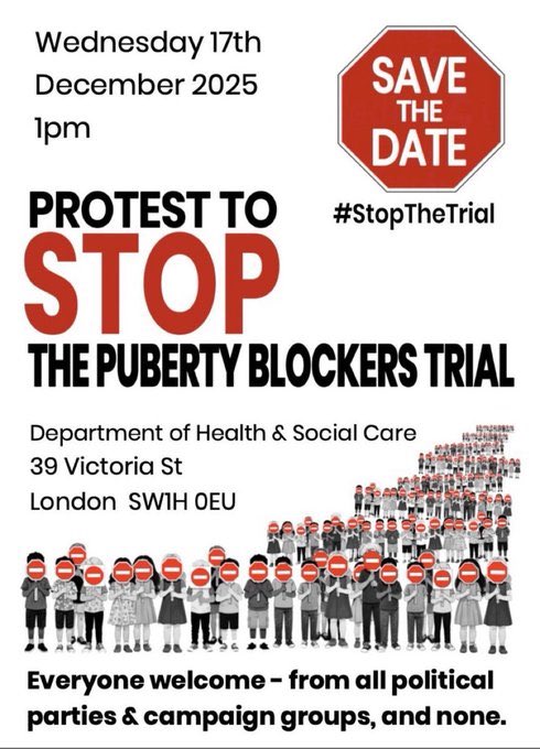 roseveniceallan's tweet photo. We need to #StopTheTrial, not the puberty of physically healthy but mentally distressed children! 
Politicians and campaigners with wildly opposing views about everything else are uniting together to make our voices heard, please join us: https://t.co/uqIWm4G3lt