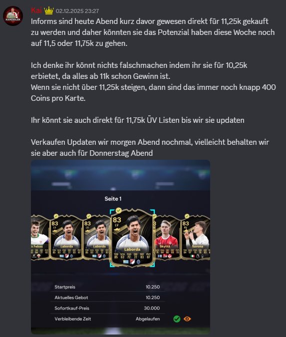 Obwohl alles auf dem Markt schon so teuer ist konnte man mit Massen auch wieder einige Coins die letzten Tage machen 🤝 
Gestern 1000x Informs für 10,25k geholt -> 11,5k verkauft = 670k Gewinn
Heute 1000x Informs für 10,5k gekauft -> 11,75k verkauft = 660k Gewinn 

Am Ende wieder