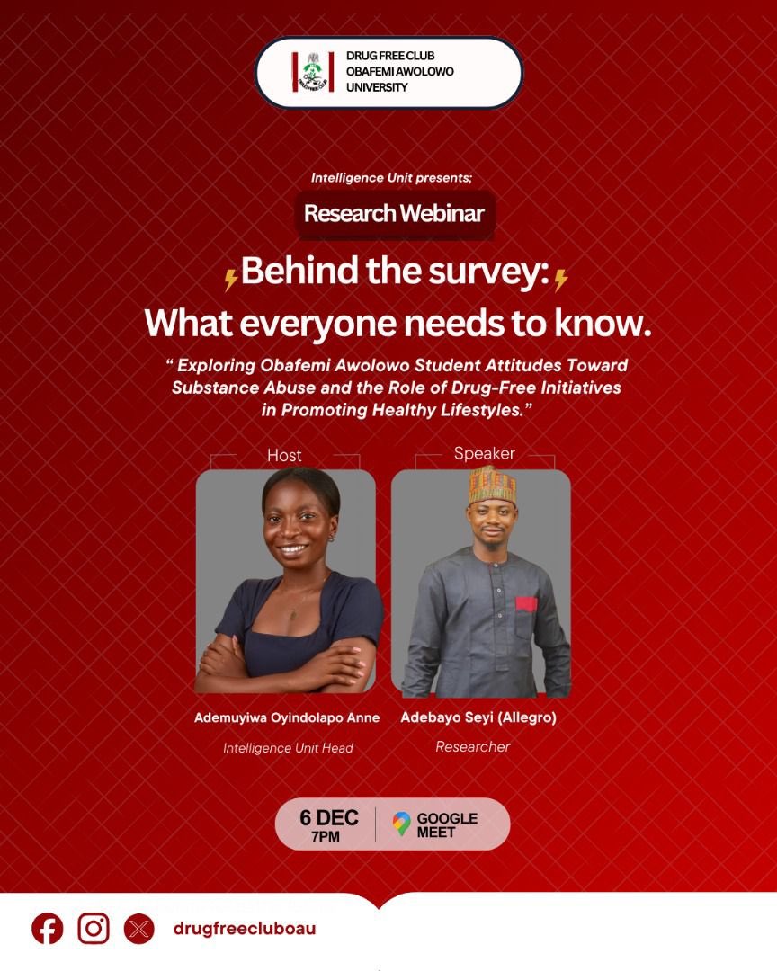 Join us tomorrow for an insightful research webinar as we go behind the of our first study of the session!

📅 *Date:* Friday, 6th December
🕖 *Time:* 7:00 PM
📍 *Venue:* Google Meet
🔗 [Join via this link](meet.google.com/dyv-dkem-cgd)

#oautwitter #oau #SpotifyWrapped #Imistars
