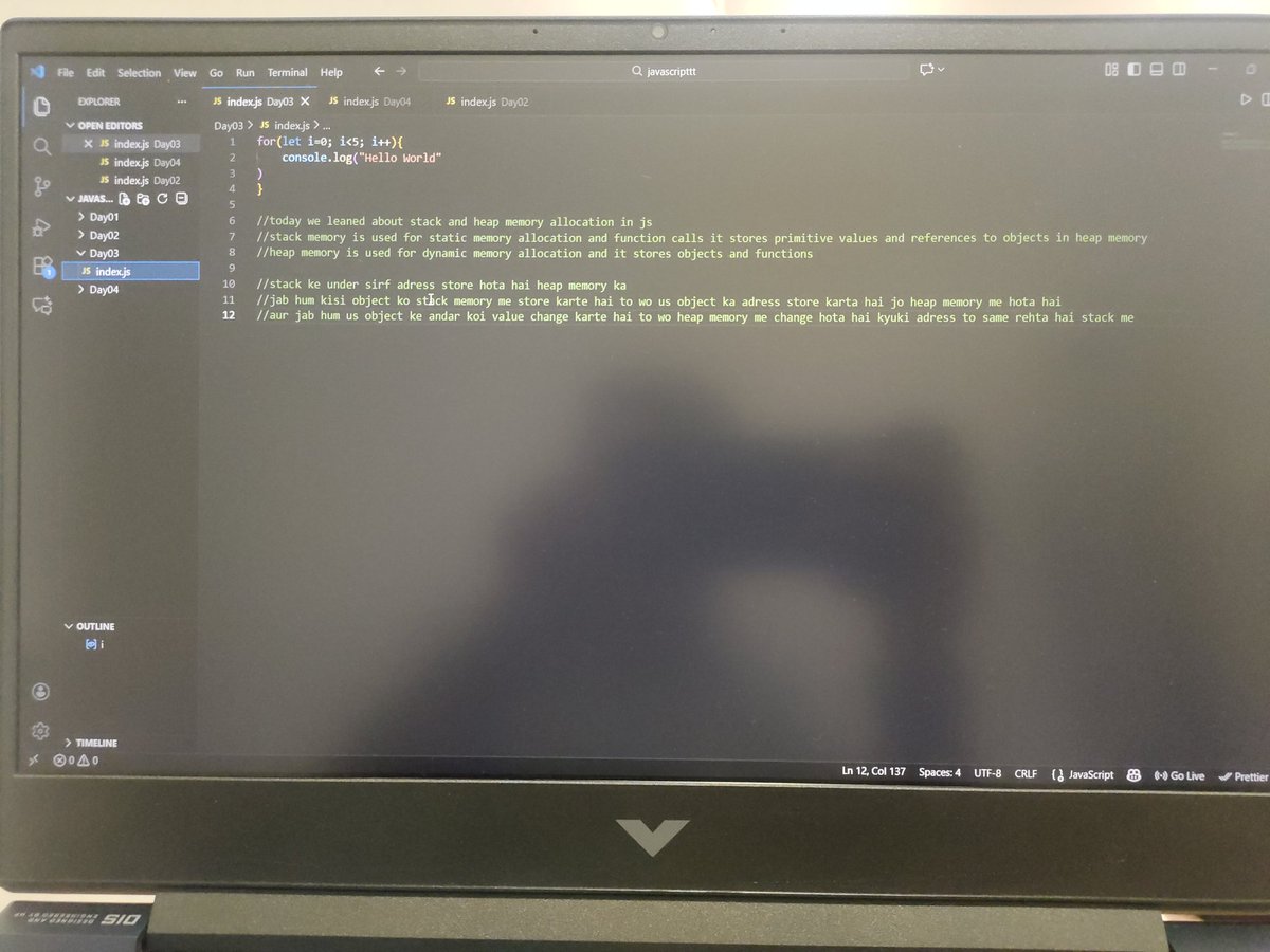 Day 07 of #100DaysOfCode 💻
Learned about Stack &amp; Heap memory in #JavaScript from Coder Army by Rohit Negi!
Understanding how JS manages memory = better performance 🔥
#WebDevelopment #CodingJourney #LearnToCode