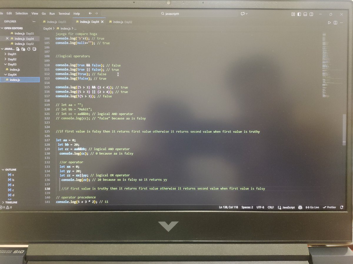 Day 08 of #100DaysOfCode 💻✨
Learned Operators &amp; Conditional Statements in #JavaScript from Coder Army by Rohit Negi!
<a href="/RohitNegi62/">rohit negi</a>
Logic building getting stronger 🔥
#WebDevelopment #CodingJourney #LearnToCode