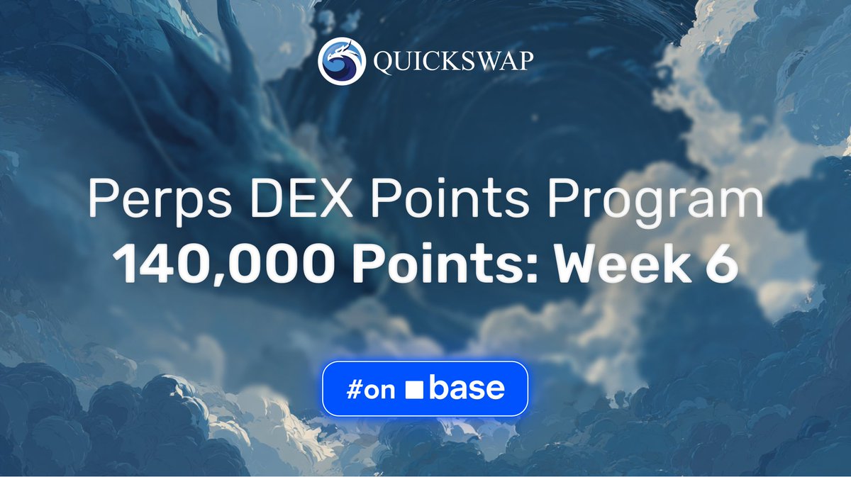 Week 6 of QuickSwap’s perp DEX points program has started on <a href="/base/">Base</a> ⚡️

140,000 points available, rewards distributed in $QUICK. Ends Wednesday, December 10 at 10:00 PM UTC.

Points are proportional to each user’s share of the total trading volume.

qperps.exchange