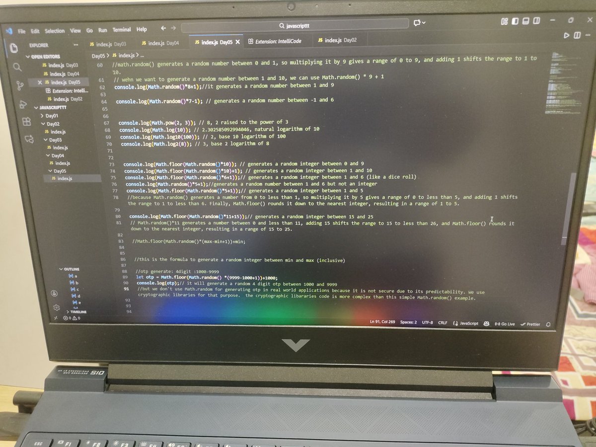 Day 9 of #100DaysOfCode 🎯
Learned important Math methods &amp; how to generate random values in #JavaScript from Coder Army by Rohit Negi!
Leveling up logic day by day 💻🔥
#WebDevelopment #CodingJourney #LearnToCode