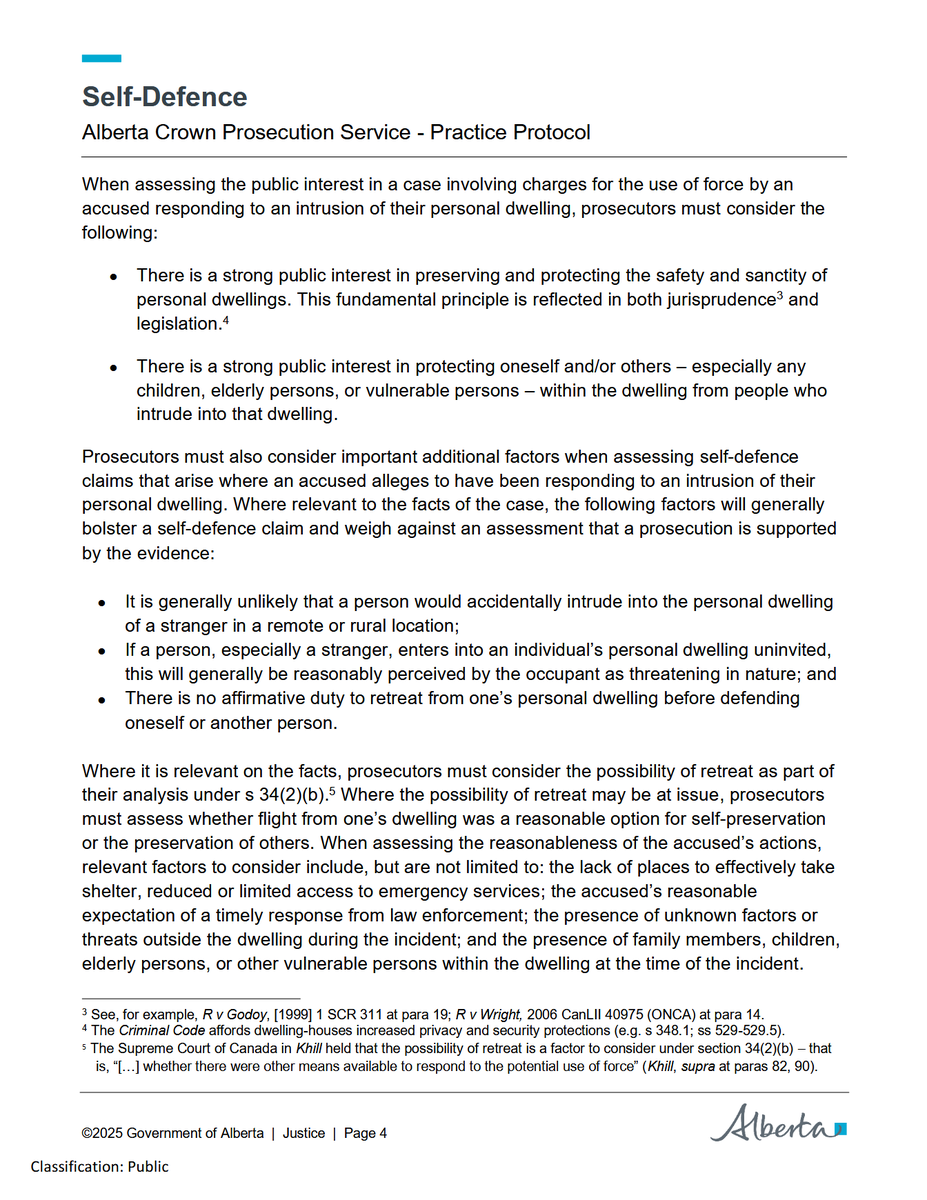 LawScribes's tweet image. #SelfDefence #Alberta Crown Prosecution Service Practice Protocol. 'To assess cases that involve law [criminal code] of self-defence, particularly those cases involving unauthorized entry to personal dwellings' [homes] and 'use of reasonable force to defend oneself.' @GoA_Justice