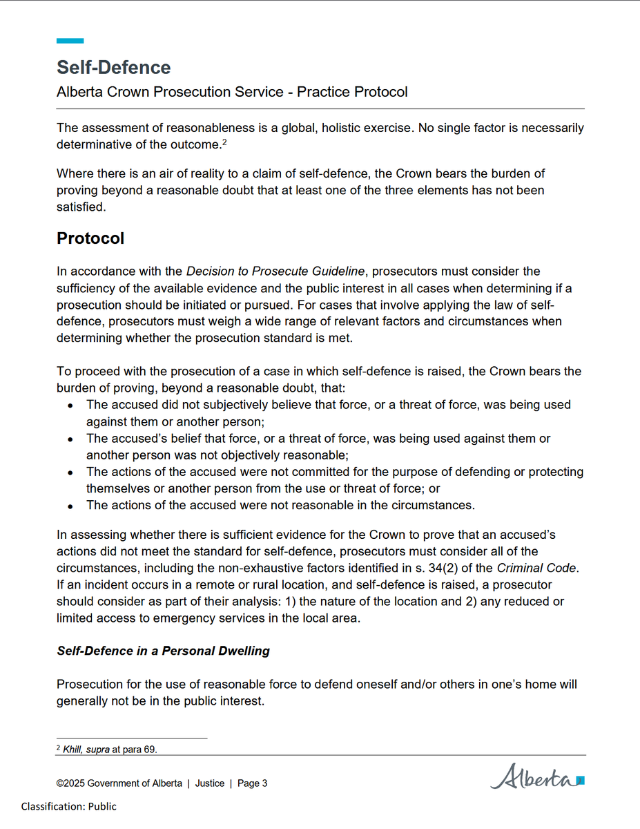 LawScribes's tweet image. #SelfDefence #Alberta Crown Prosecution Service Practice Protocol. 'To assess cases that involve law [criminal code] of self-defence, particularly those cases involving unauthorized entry to personal dwellings' [homes] and 'use of reasonable force to defend oneself.' @GoA_Justice