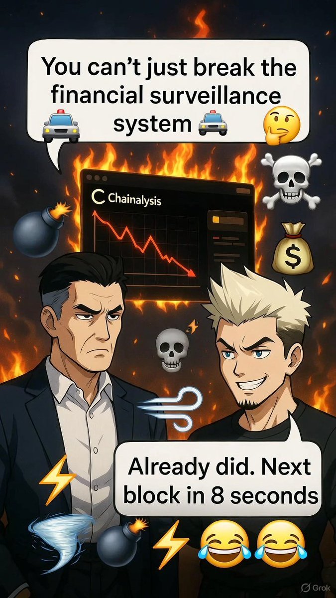 Assentcrypt_'s tweet photo. Regulator: “You can’t just break the financial surveillance system” 😤👮‍♂️🚔  

https://t.co/lcS9rsKKi4: “Already did, next block in 8 seconds” ⚡🌪️💨  

🌀💥🤑🔥😂😂😂  

Chainalysis dashboard spontaneously combusts in the background🔥📉💀