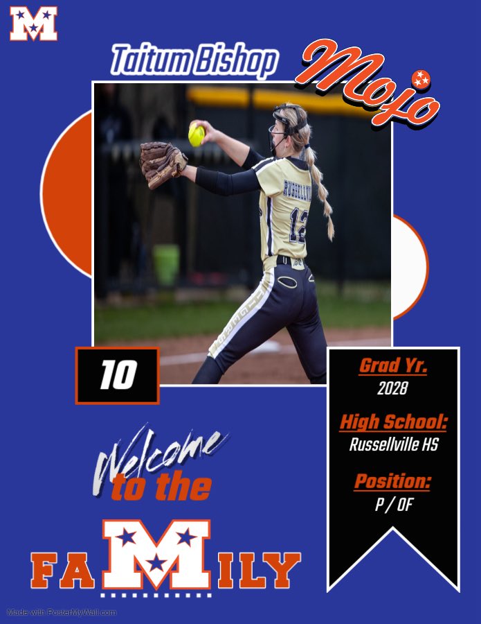TNMojo2028's tweet photo. 🚨Roster Announcement🚨
(TN Mojo 2028 - McDowell)

Taitum Bishop #10
@TaitumBishop 

Taitum comes from Russellville HS in Alabama. The #85th ranked Extra Innings SouthEast pitcher. With her height she is a presence on the rubber and at the plate! She is a smart high IQ pitcher with the ability to locate pitches and adjust in game better than anyone you will find. Taitum also has a strong powerful swing with multiple homeruns over the last 2 years! We are thrilled to have Taitum and can’t wait to see her rep the M this summer! 

@TnMojoFastpitch 
@ExtraInningSB 
@LineDsoftball