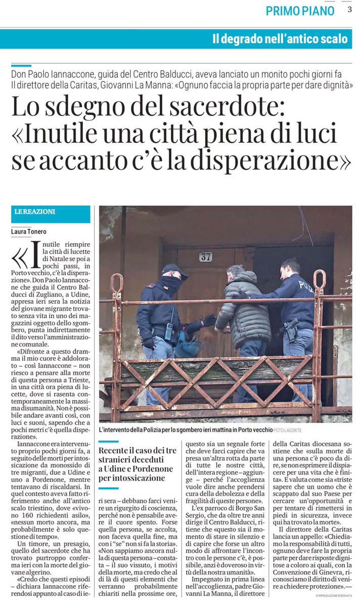 "Un dolore lacerante che non può lasciarci indifferenti, perché l'indifferenza è già violenza". In un'intervista a <a href="/il_piccolo/">Il Piccolo</a>, lo sdegno di <a href="/one_paolone/">Paolo Iannaccone</a> per i quattro #migranti  morti di freddo in pochi giorni in Friuli. <a href="/IcsOnlus/">ICS Ufficio Rifugiati Onlus</a> <a href="/laVitaCattolica/">La Vita Cattolica</a>