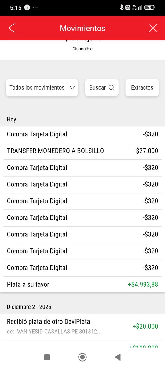 El día de ayer me pasó esto con la tarjeta de la  aplicación <a href="/DaviPlata/">DaviPlata</a>, algo inusual. Intenté averiguar con ellos ¿por qué? O por lo menos el comercio que me está haciendo estos descuentos y nada. ¿A alguien le ha pasado? 
<a href="/DefensoriaCol/">Defensoría del Pueblo</a>