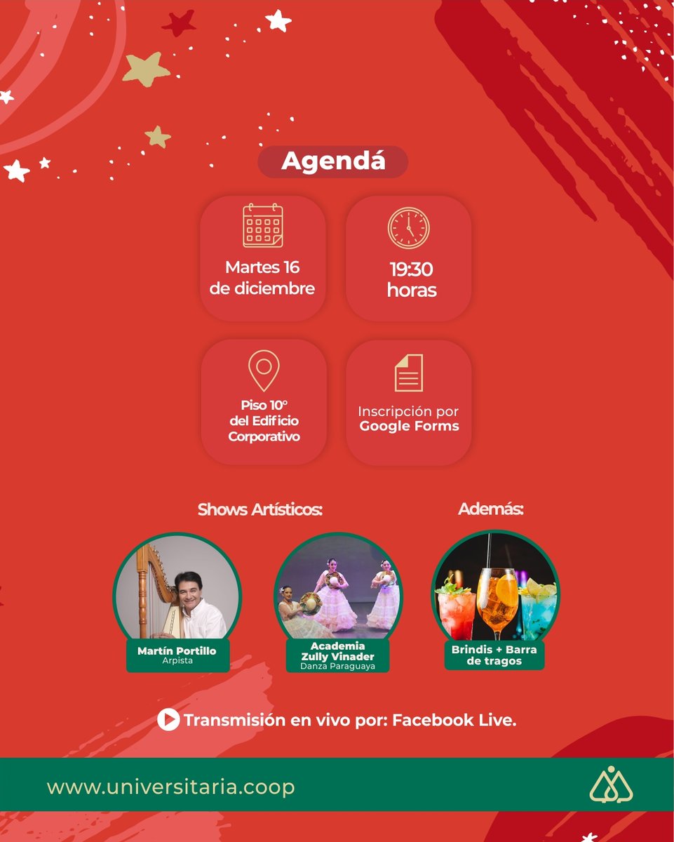 🎄✨ ¡Se viene el Cursillo Navideño de Universitaria!
Una noche para aprender, disfrutar y compartir la magia de la cocina y el arte.

👨‍🍳 Chefs invitados, shows en vivo, brindis y mucha buena energía para cerrar el año como se merece.

📅 16 de diciembre – 19:30 hs.
📍 Edificio