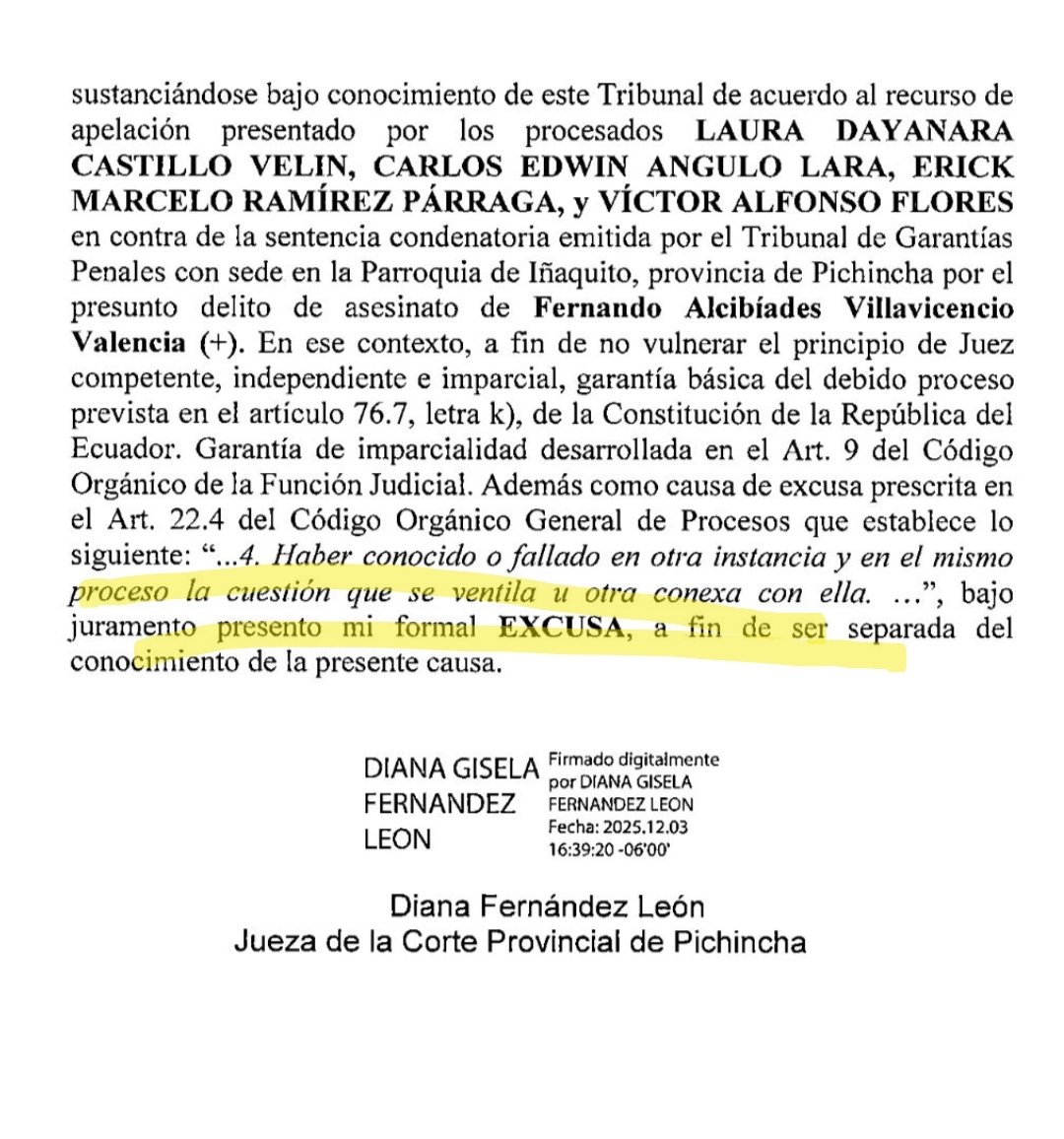 URGENTE: La Dra. Diana Fernández jueza del Tribunal Penal de la Corte Provincial se #Excusó de seguir conociendo el caso por el #AsesinatoFernandoVillavicencio, 
Fernando Villavicencio, cuestionó y la investigó por un fallo que favoreció a jueces de la #CorteNacional