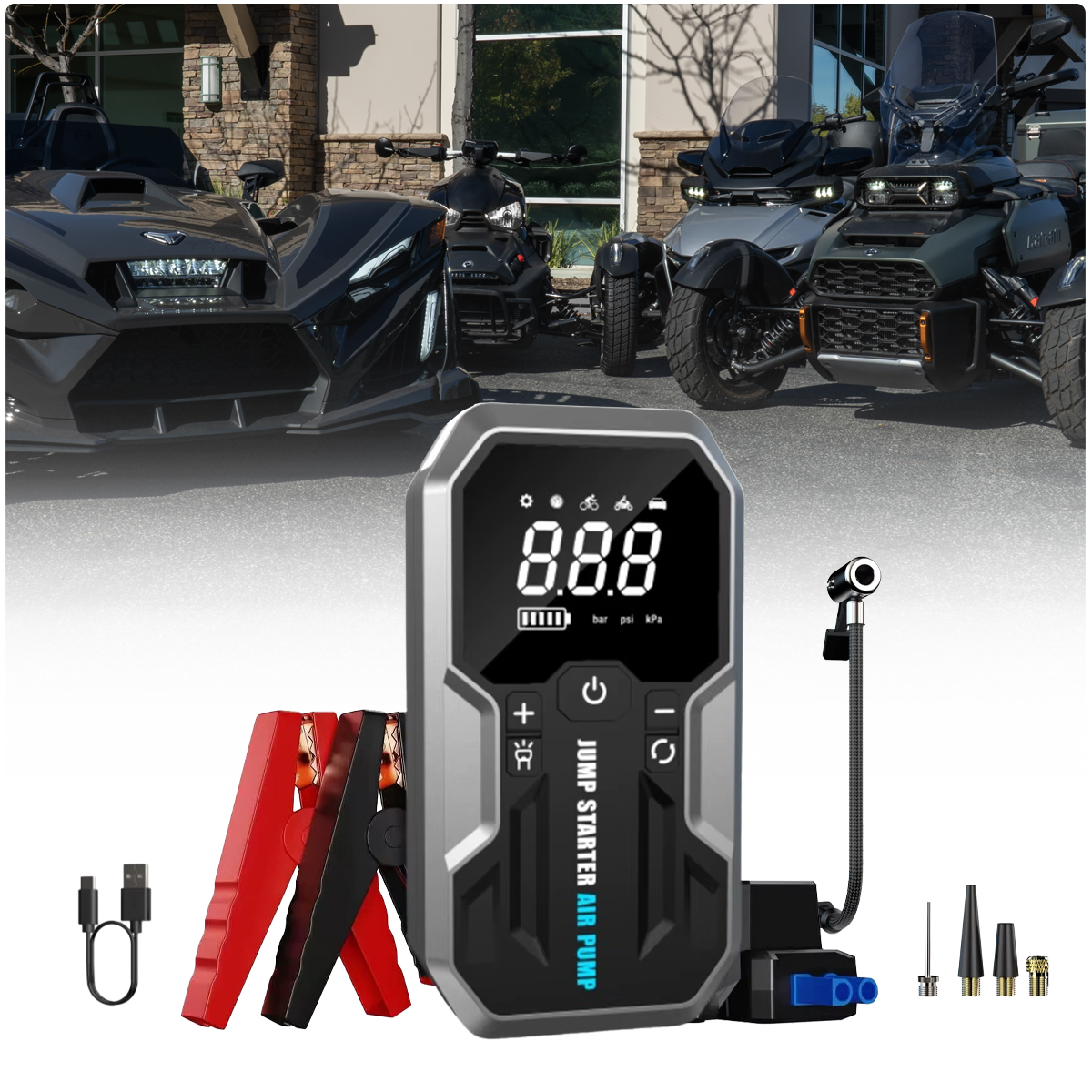 SlingMods's tweet photo. Meet the portable lifesaver every rider should carry — a jump starter, air compressor, and power bank all in one compact unit.
Flat tire? Dead battery? Dead phone? You’re covered. 🔋💨💡

Available Now at SlingMods!
https://t.co/kWPiNLgBbE https://t.co/DFkyG5IMbD
