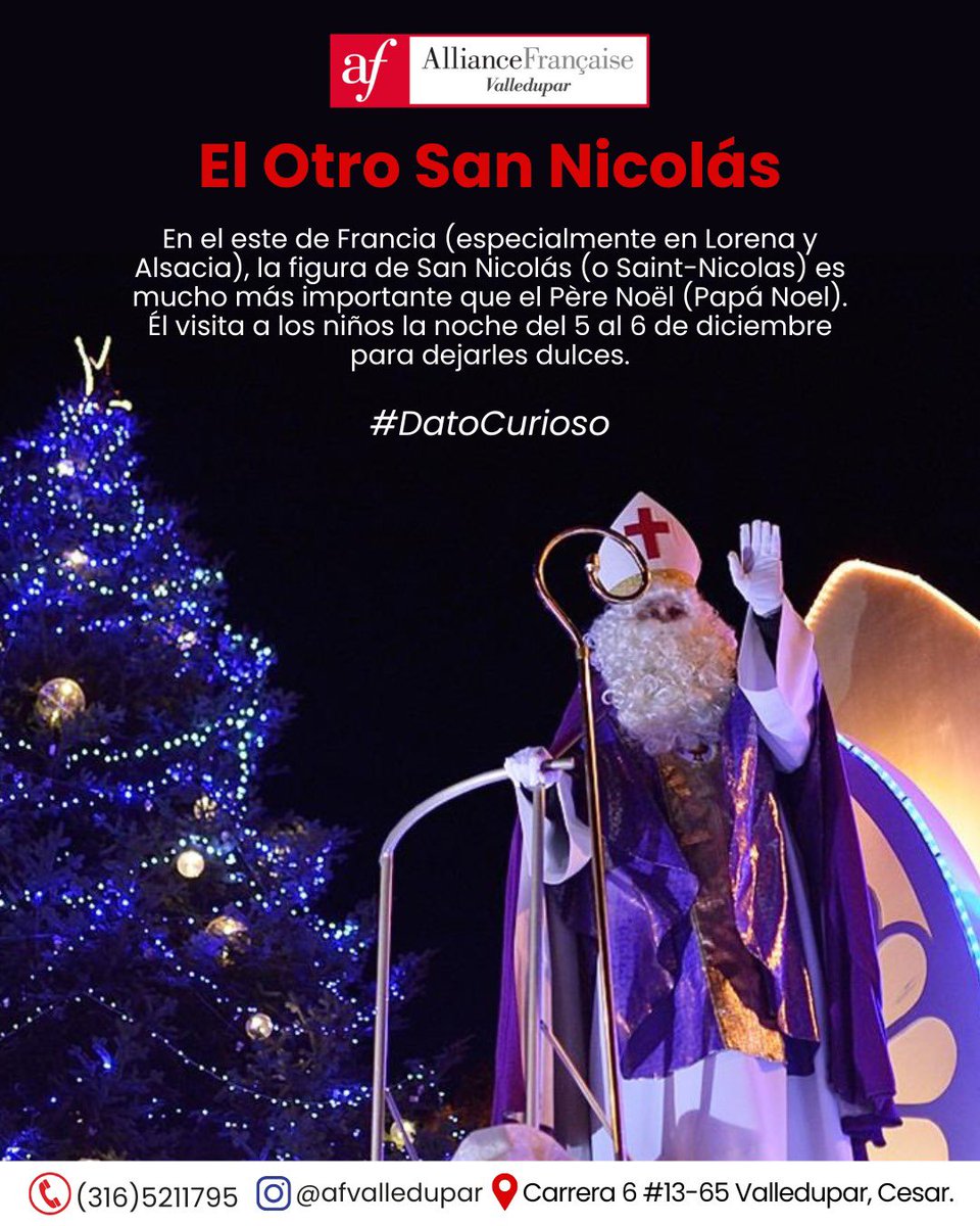 #CulturízateConAFV 
🎅✨ Dato curioso:
En varias regiones del noreste de Francia, especialmente en Alsacia y Lorena, el 6 de diciembre se celebra el Día de San Nicolás. Ese día, San Nicolás llega acompañado de un personaje llamado Le Père Fouettard.