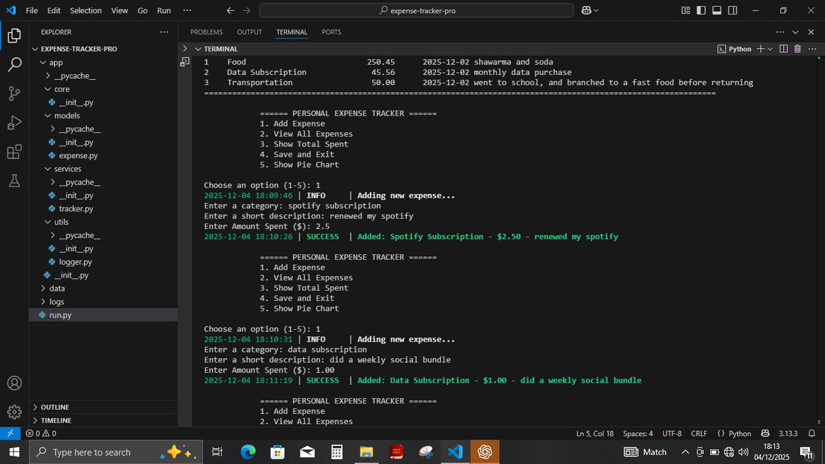 TheLazyCompiler's tweet image. Outputs from my updated expense tracker project I&apos;ve been working on. Sooner I&apos;ll upload it to my GitHub, after I&apos;m done with some minor tweaks. 

#pythonlearn #pythonproject #objectorientedprogramming