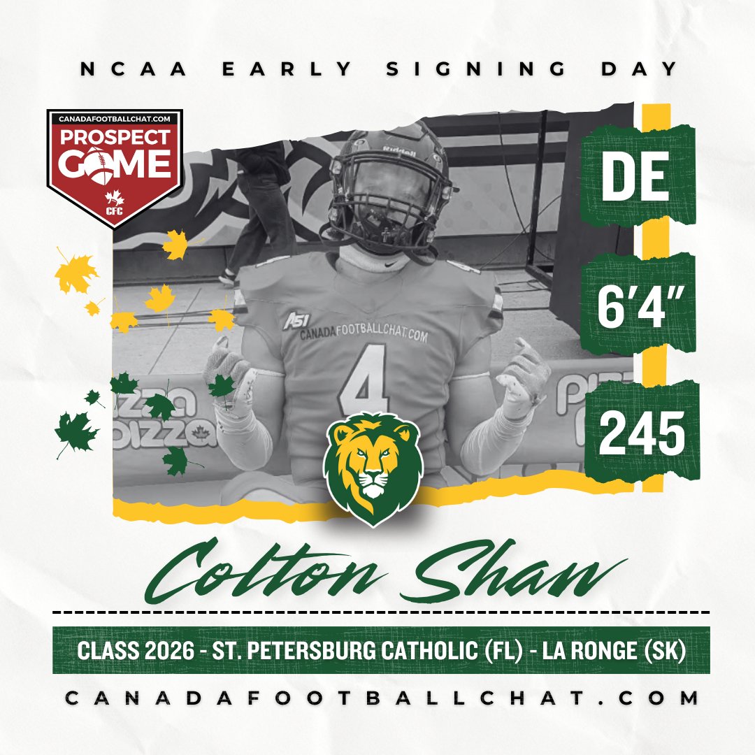 Congratulations to #CFCProspectGame alumnus and #32nd ranked #CFC100 DE <a href="/_coltonshaw0/">Colton Shaw</a> on signing with <a href="/LionUpFootball/">Southeastern Football</a>! 🦁🟢

Shaw originally hails from La Ronge, SK and played at LeBoldus before completing his high school career at St. Petersburg Catholic in Florida!

NCAA EARLY
