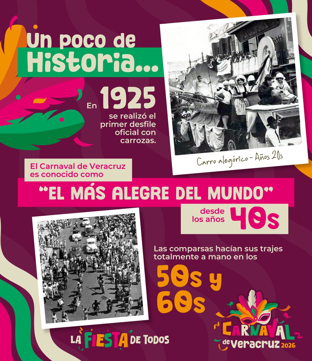 carnaval_ver's tweet photo. La alegría también tiene historia…
¿Sabías que en 1925 nació el primer desfile oficial con carrozas del Carnaval de Veracruz?🪇

¡Tradición y dedicación que siguen marcando nuestra fiesta jarocha!

#CarnavaldeVeracruz2026 #FiestaYTradicionJarocha https://t.co/rc9chXOtW9