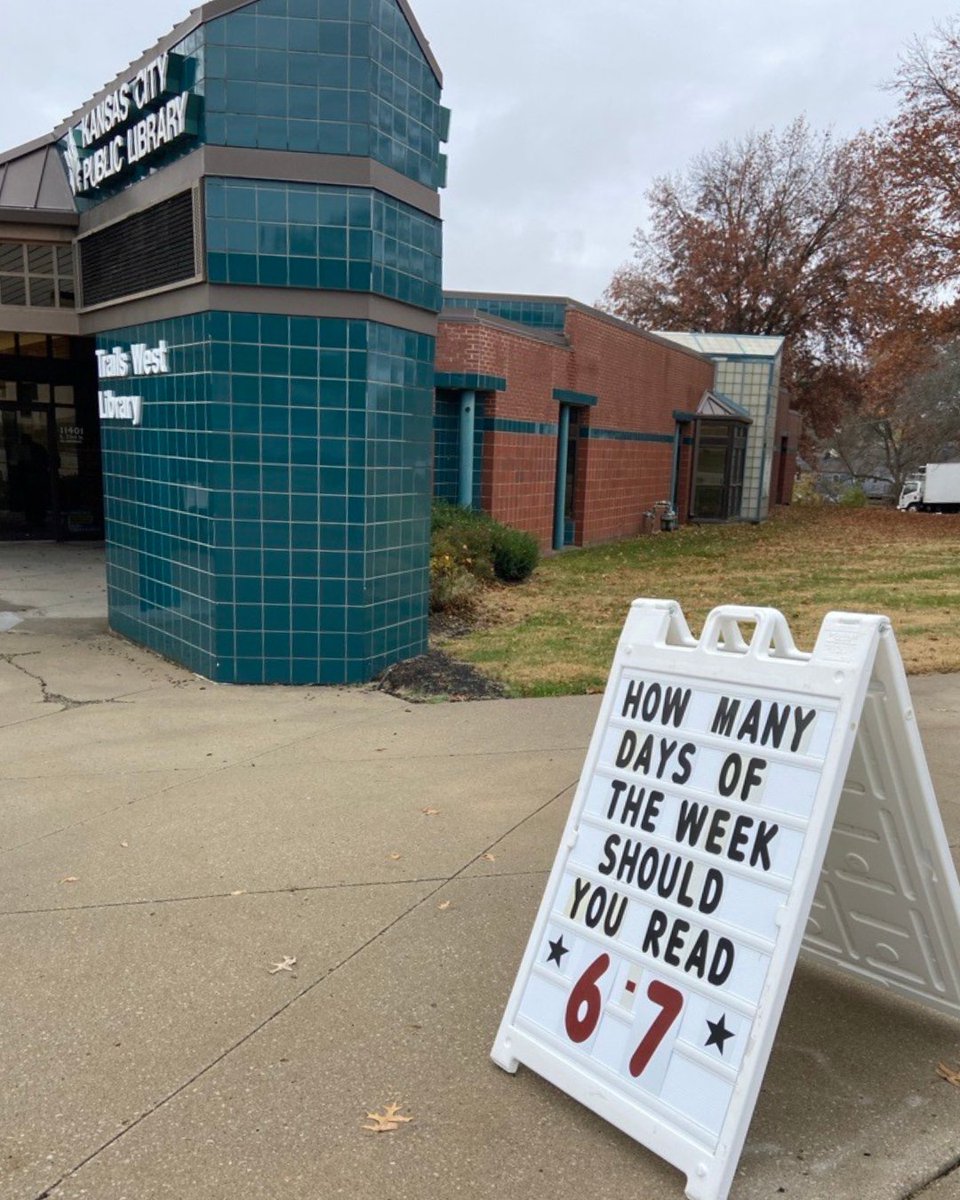 KCLibrary's tweet photo. Don't get brain rot, read 6-7 days a week. 🤭
 
Clever work by our Trails West Branch staff for this sign. 😂
 
#KCLibrary #LibraryMemes #LibraryHumor https://t.co/1192XUfWiZ