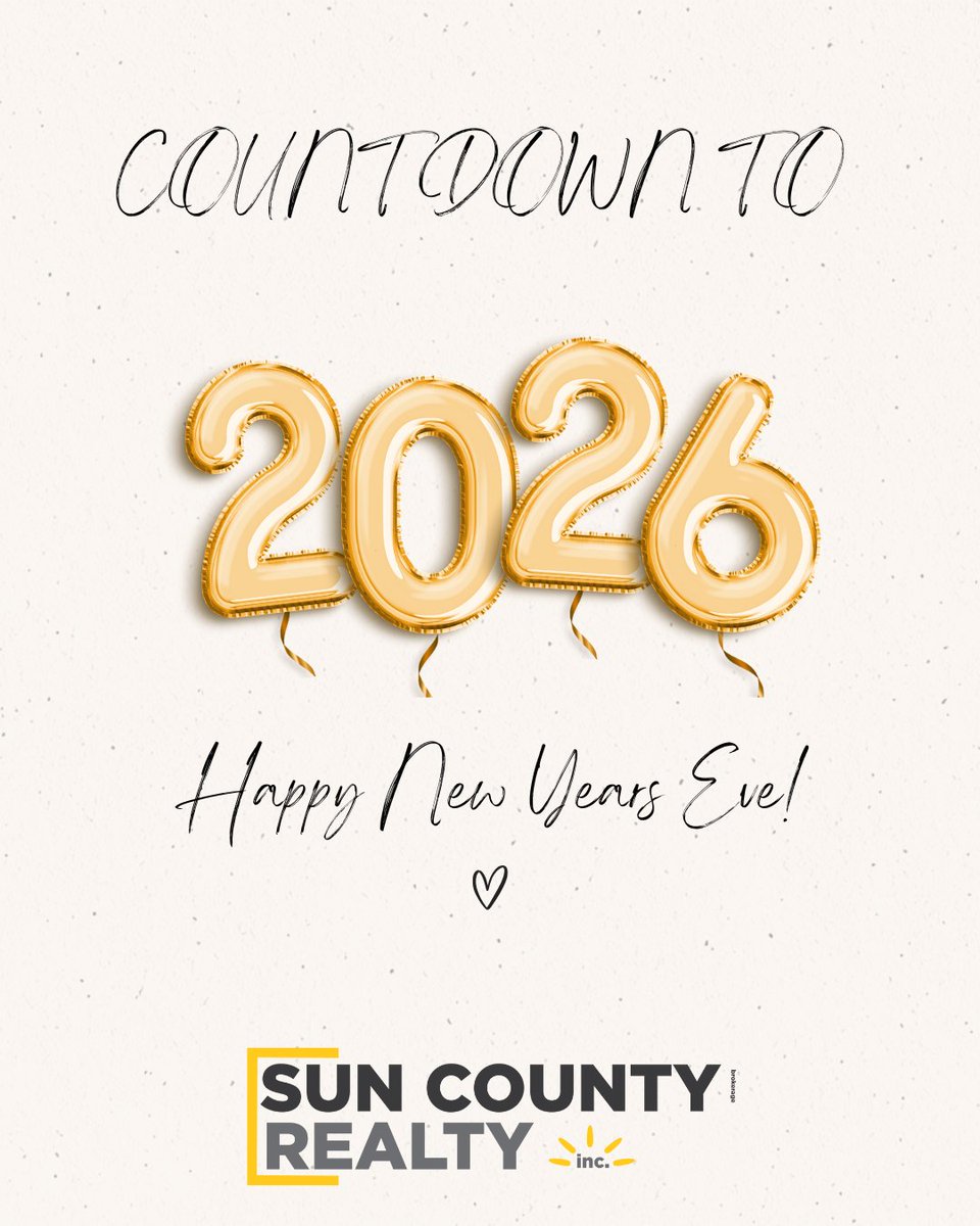SunCountyRealty's tweet image. Happy New Year’s Eve from all of us at Sun County Realty Inc. ✨

As we wrap up 2025, we’re grateful for every client, every closing, and every moment we’ve shared with our amazing community.

Wishing you a safe, joyful, and sparkling New Year’s Eve!🥂💛

Here’s to 2026! 🌟