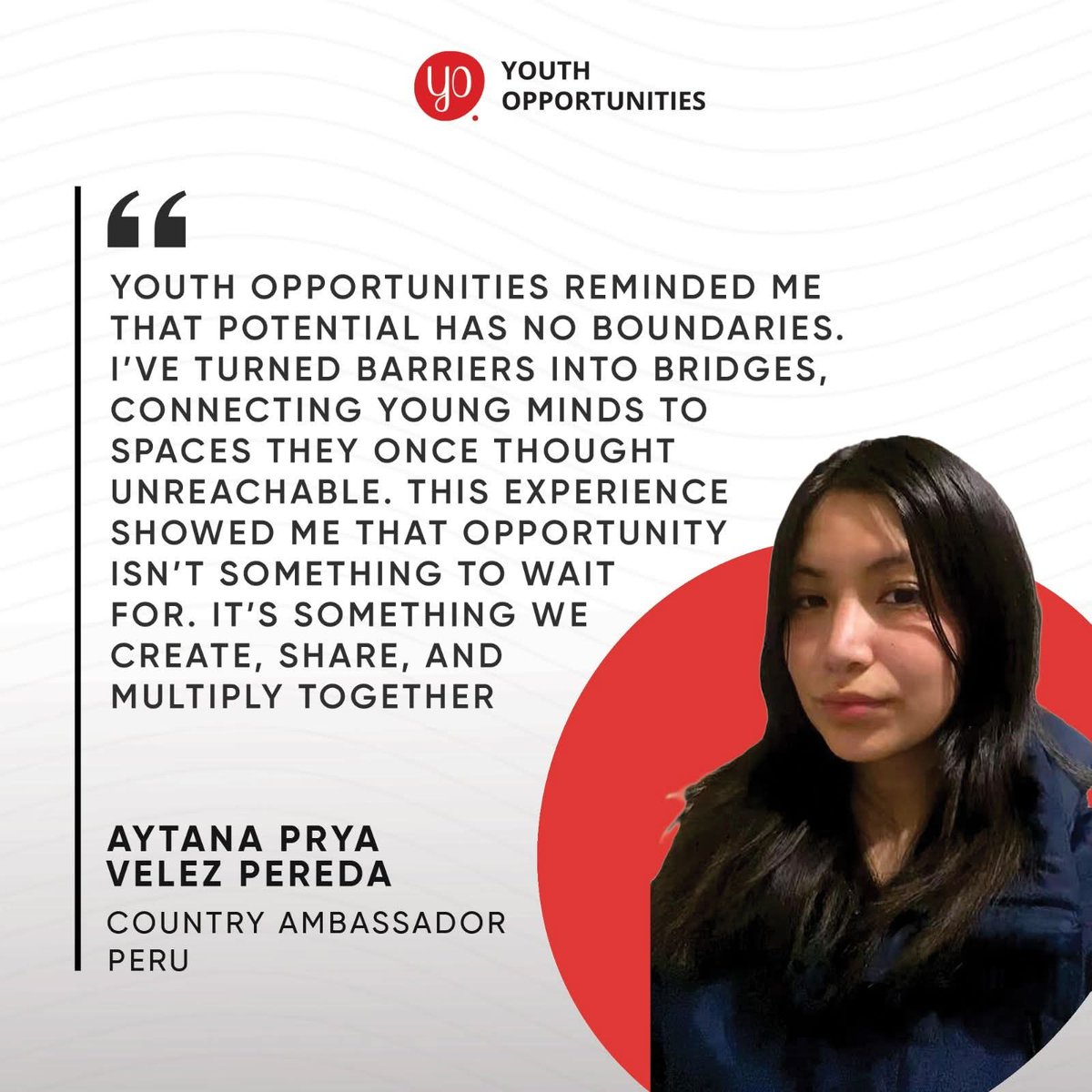 YOpportunities's tweet photo. β¨ Beyond Boundaries! Aytana Prya Velez Pereda's journey proves opportunities aren't handed downβthey're built, together.
Ready to turn dreams into open doors? Rise with us! ππ«https://t.co/Va7NBoDHT8
#CreateOpportunity #GlobalYouth https://t.co/MHNvS0nrKg