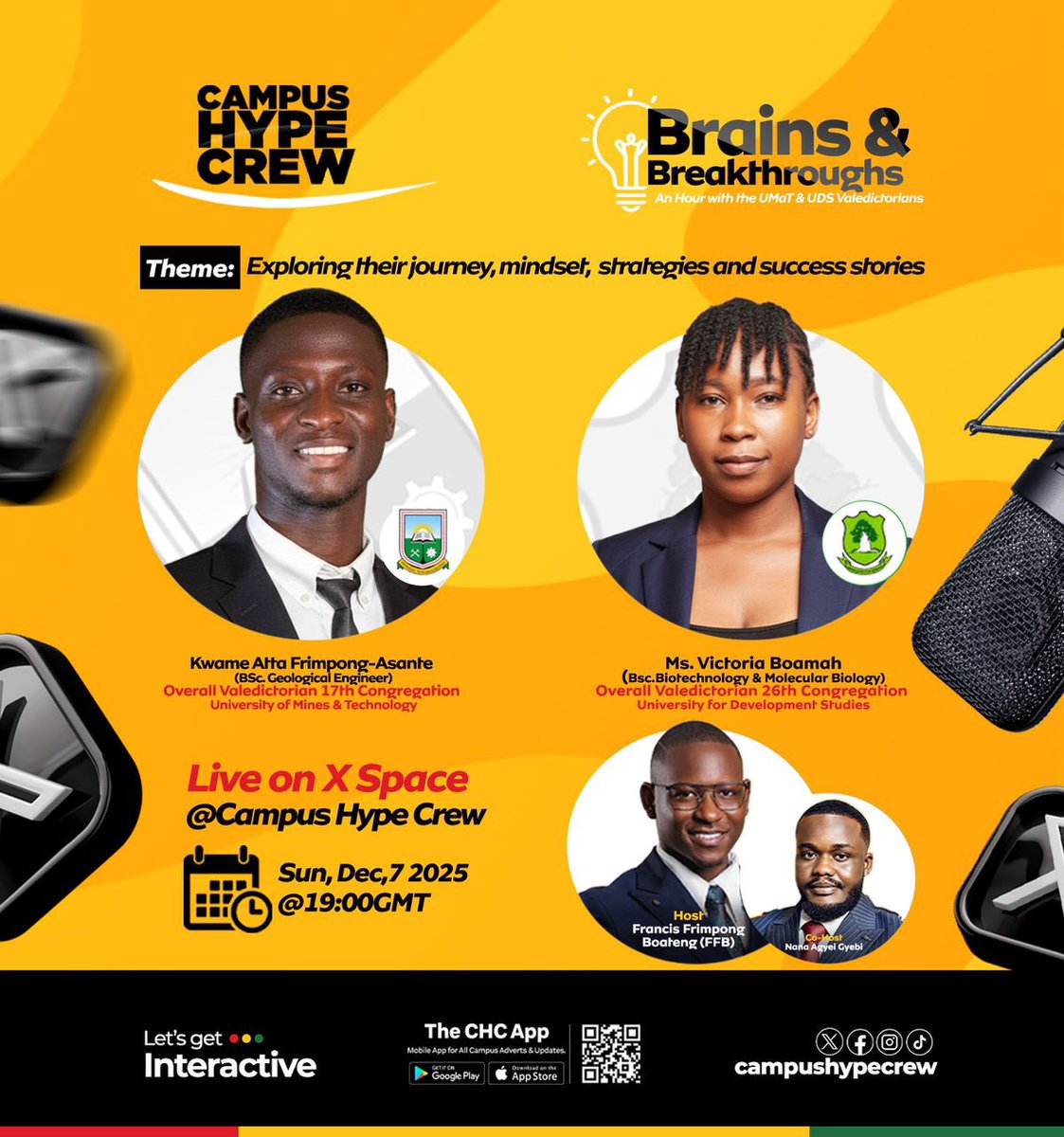 CampusHypeCrew's tweet image. Two universities. Two valedictorians. One powerful conversation.

Live here: 

Tune in as we host the brilliant valedictorians of UMaT &amp;amp; UDS on Brains &amp;amp; Breakthroughs. A deep dive into excellence, discipline, and success stories worth hearing.

Join us this…