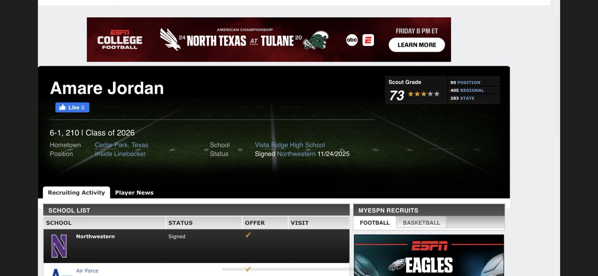 Blessed to be recognized as a 3⭐️ per ESPN &amp; 247sports!

<a href="/247Sports/">247Sports</a> <a href="/247recruiting/">247Sports Recruiting</a> <a href="/VRFBRecruiting/">VRHS Recruiting</a> <a href="/vrhsfootball/">Vista Ridge Football</a> <a href="/CoachRCThompson/">Roderick Thompson</a> <a href="/CoachAJ_Terry/">Aaron Terry</a> <a href="/RecruitsCenTex/">Coach Jimmy Andrews</a> <a href="/NUFBFamily/">Northwestern Football</a>