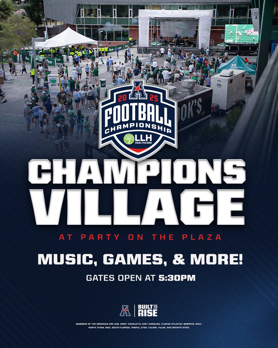 American_Conf's tweet image. Champions Village at Party on the Plaza is THE spot before kickoff 🔥

Music, games, and all the pregame hype starting at 5:30 PM CT! 🏆🎶

#BuiltToRise x #AmericanFB