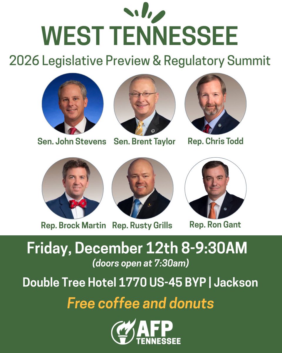 MichaelLotfi's tweet photo. Join us on Dec 12 in Jackson, TN for the @AFPTN West TN 2026 Legislative Preview with @SenJohnStevens @SenBrentTaylor @RepChrisTodd @RonGant @rustygrills &amp; @BrockMartinTN! https://t.co/7uLg06gEmU