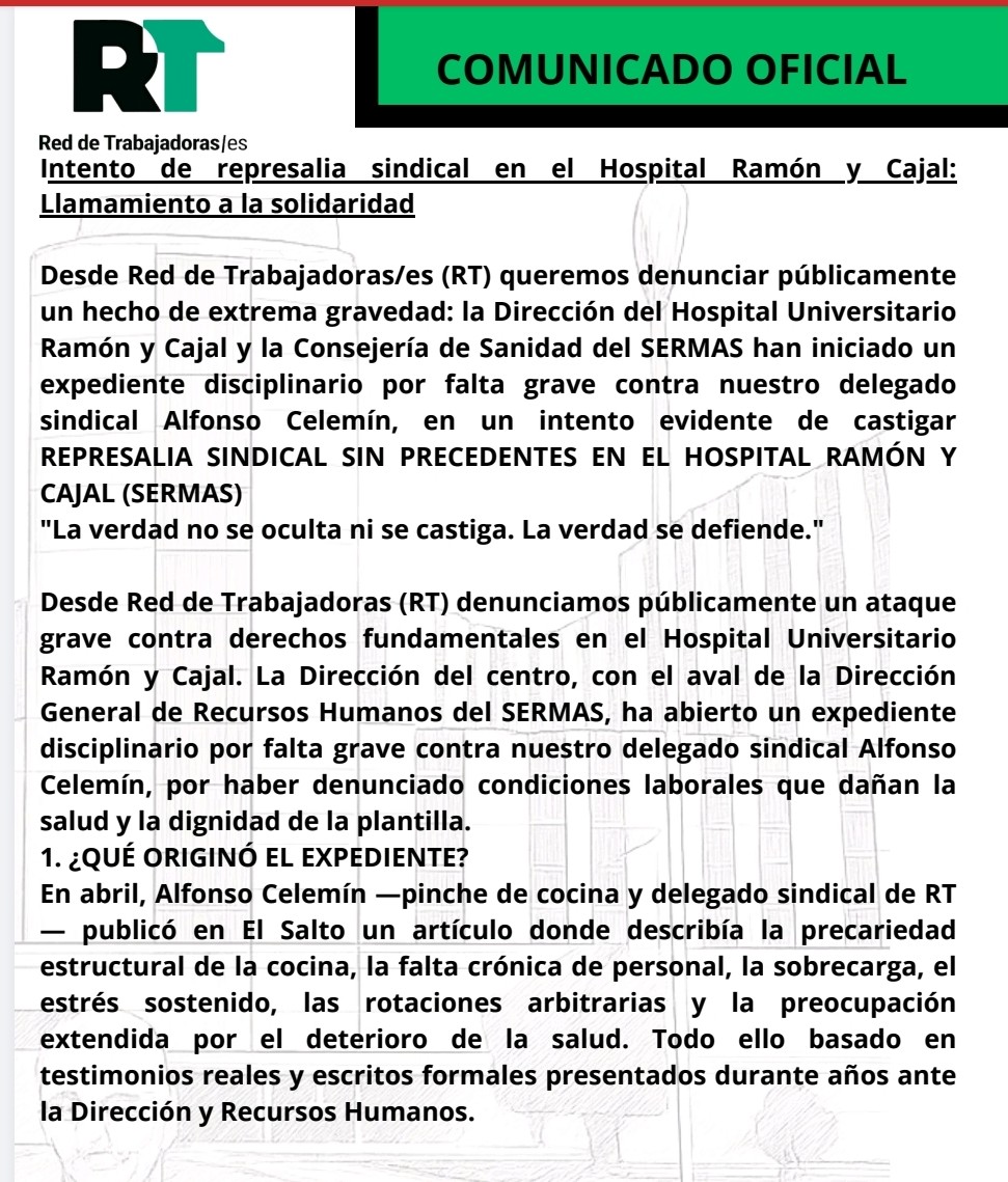 SoliObrera's tweet photo. 🟥Todo nuestro apoyo a Alfonso Celemín, pinche de cocina y delegado sindical de RT (Red de Trabajadores) en el Hospital Ramón y Cajal de Madrid
⬛No sólo privatizan lo público, también precarizan y reprimen
#SolidaridadDelegadoRT
#SanidadPública
#StopRepresion https://t.co/lceU3AzFF8