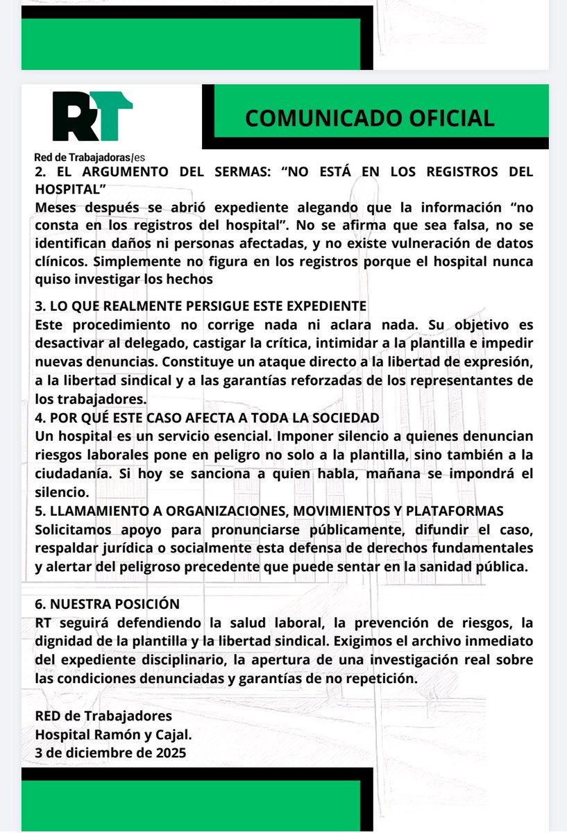 SoliObrera's tweet photo. 🟥Todo nuestro apoyo a Alfonso Celemín, pinche de cocina y delegado sindical de RT (Red de Trabajadores) en el Hospital Ramón y Cajal de Madrid
⬛No sólo privatizan lo público, también precarizan y reprimen
#SolidaridadDelegadoRT
#SanidadPública
#StopRepresion https://t.co/lceU3AzFF8