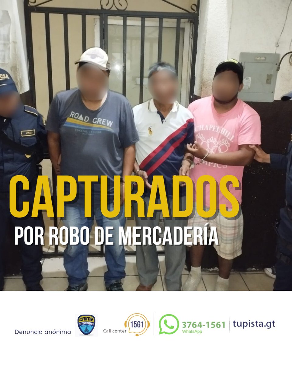Un reporte anónimo al 1561 y la coordinación con la comisaría 31 de <a href="/PNCdeGuatemala/">PNC de Guatemala</a>, permitió capturar a tres personas que habían robado mercadería y la estaban transportando. 

La operación se realizó en Palín, Escuintla. Los aprehendidos fueron: 

Henry "N", 41 años
Pascual