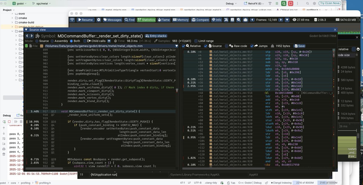 I have levelled-up Tracy on macOS.

• Full symbolication and call-stack capture for the client
• Multi-window, Metal back end for the Tracy profiler

Showing its use in <a href="/godotengine/">Godot Engine</a> 

#TracyProfiler